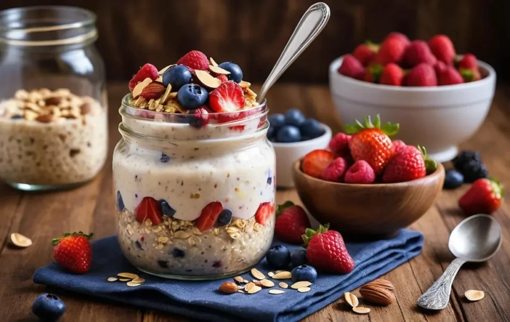A jar of creamy overnight oats topped with mixed berries and chopped nuts